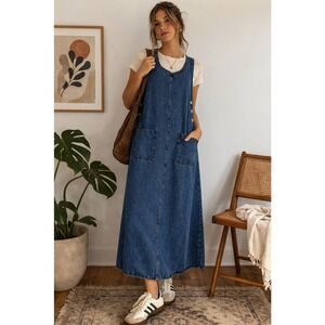 VTG 90s Sleeves Denim Jumper Maxi Dress Blue Side Button Lyocell Soft M USA